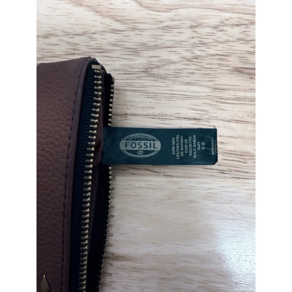 Fossil Leather Zip Pouch Clutch Colorblock Brown Pink Cosmetic Bag‎  #66